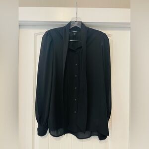 Express Tie-Neck Button Down Tuxedo Blouse, Black, Size S